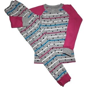 Hatley Girls Sz 6 Long Sleeve Pants Pajama 2pc Set Hearts Gray Stripe Pink White